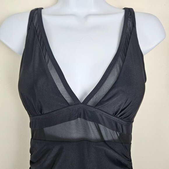 Womens Black One-Piece Swimsuit V Neck Sheer Mesh Panel Adjustable Straps Medium - Picture 7 of 9